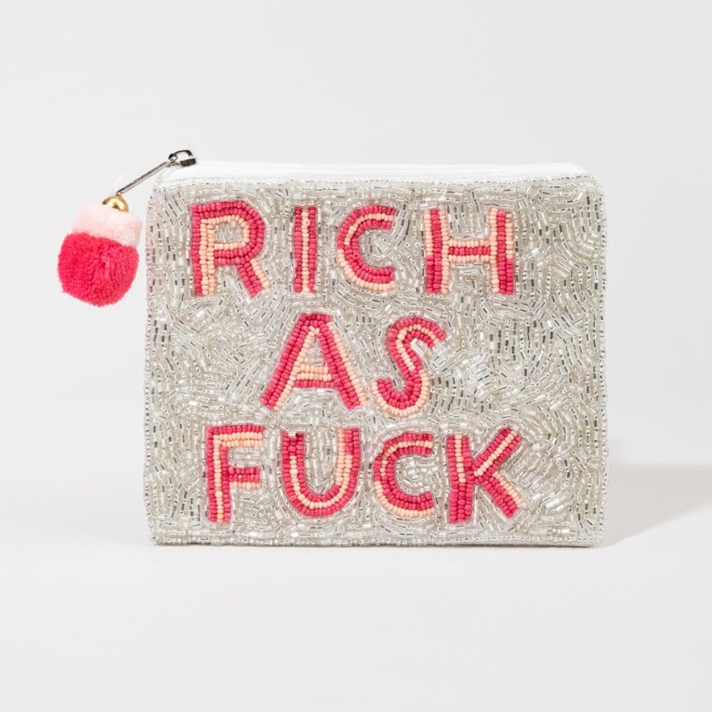 RICH AS Seed Beaded Silver Sparkle Bead Zipper Makeup Money Storage Pouch NEW